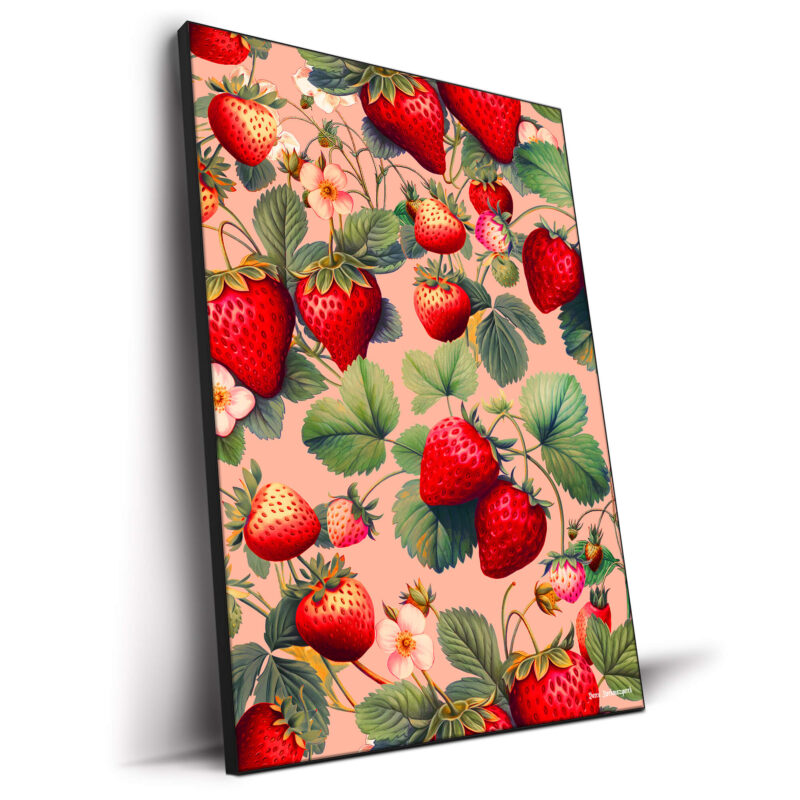 Vibrant botanical artwork featuring ripe red strawberries, green leaves, and delicate strawberry blossoms against a soft pink background.
