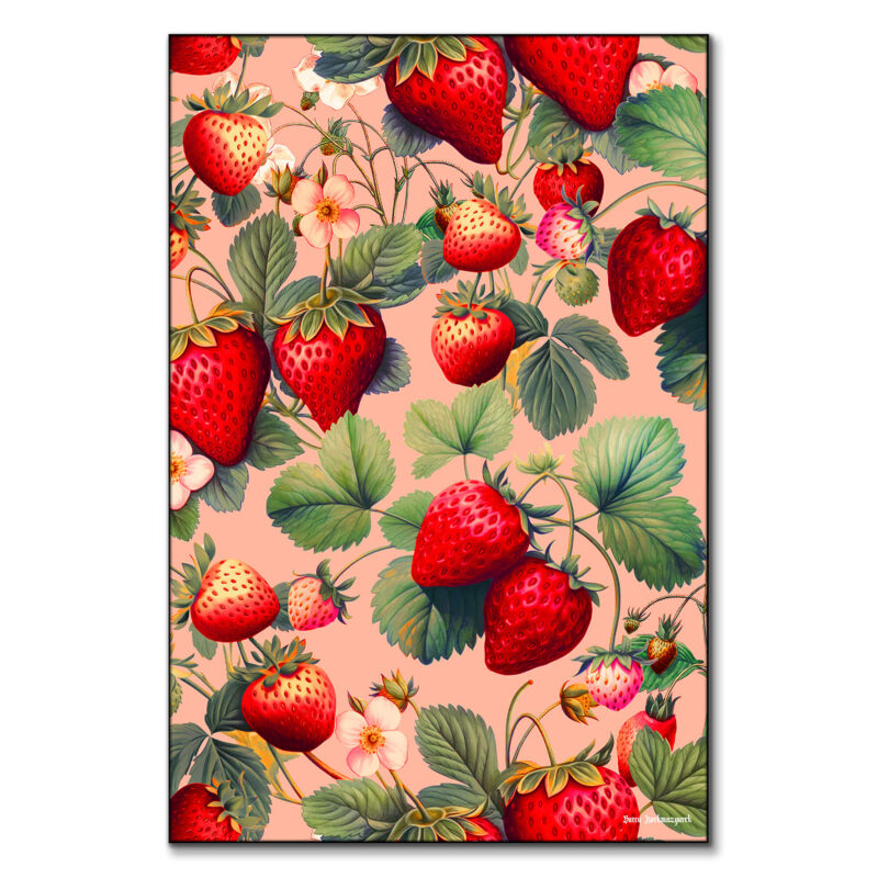 Vibrant botanical artwork featuring ripe red strawberries, green leaves, and delicate strawberry blossoms against a soft pink background.