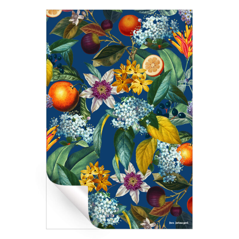 Vibrant botanical artwork featuring tropical flowers, lush green leaves, and ripe citrus fruits against a deep blue background.