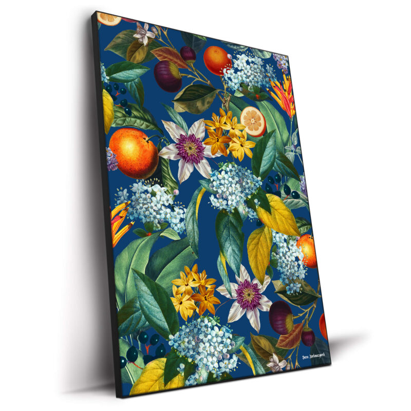 Vibrant botanical artwork featuring tropical flowers, lush green leaves, and ripe citrus fruits against a deep blue background.