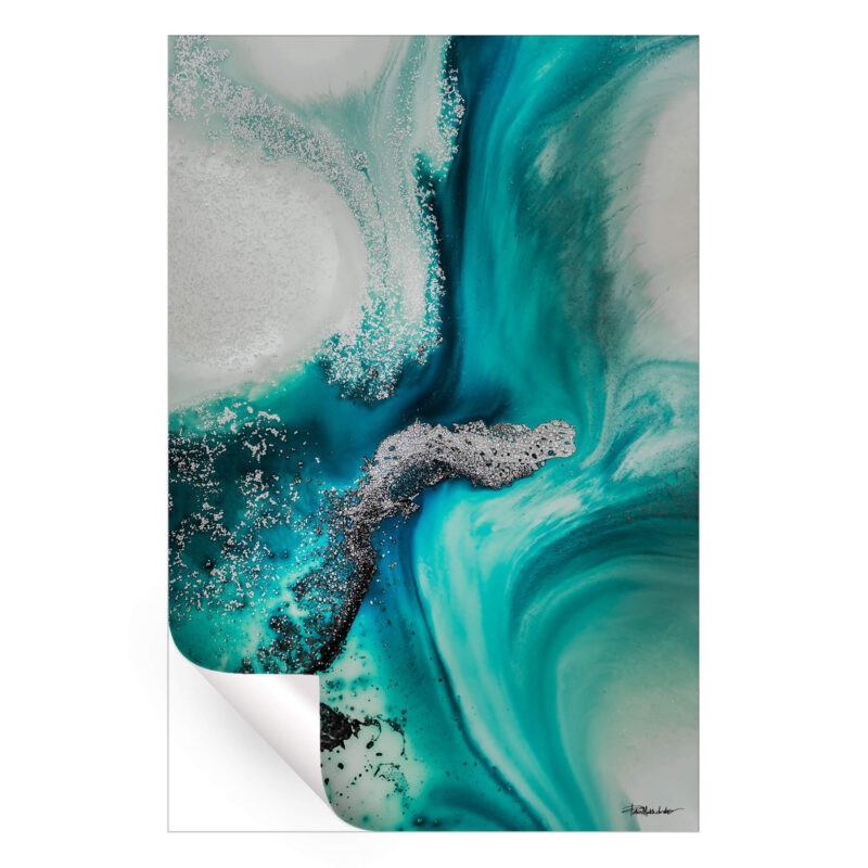 Abstract artwork featuring swirling turquoise and white hues with metallic silver and black accents, resembling ocean currents or mineral formations.