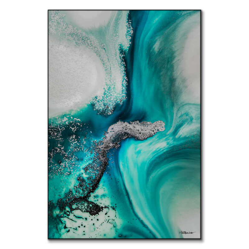Abstract artwork featuring swirling turquoise and white hues with metallic silver and black accents, resembling ocean currents or mineral formations.