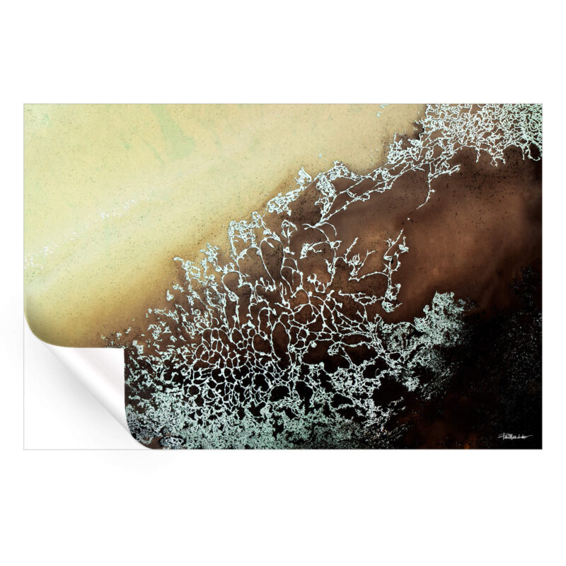 Abstract fluid art in earthy brown, beige, and metallic white, featuring intricate organic patterns resembling cracked earth or coral formations.