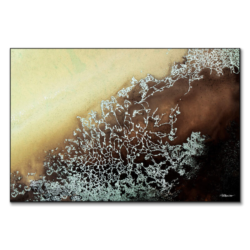 Abstract fluid art in earthy brown, beige, and metallic white, featuring intricate organic patterns resembling cracked earth or coral formations.