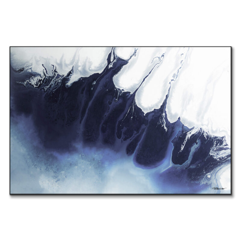 Abstract blue and white fluid art print with deep navy swirls and icy white accents, resembling ocean waves or a glacier.