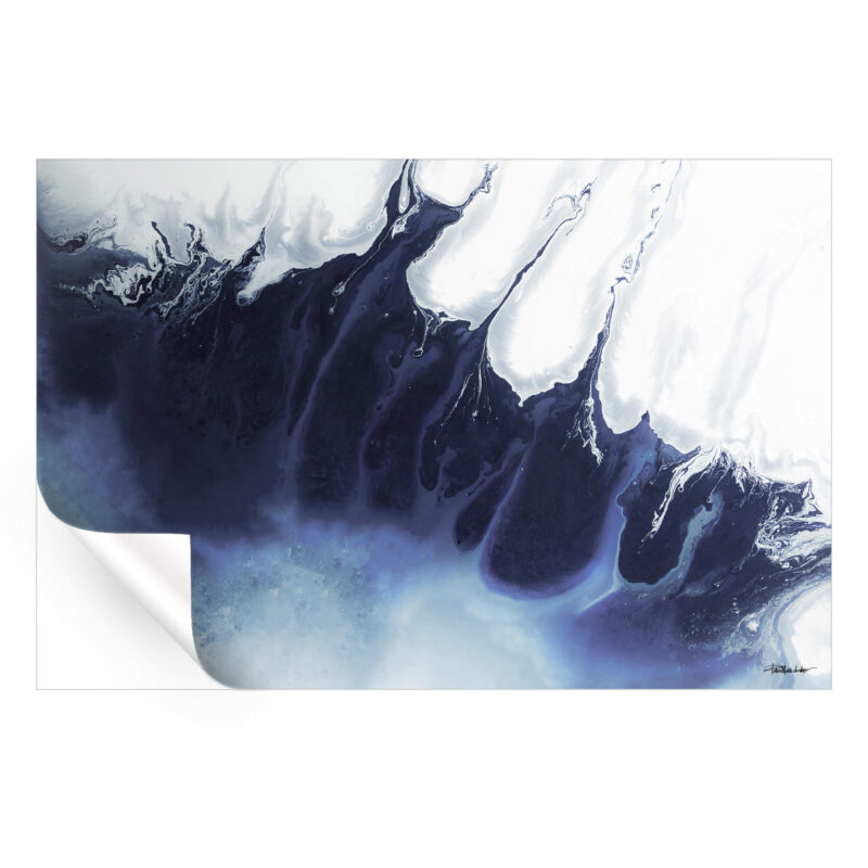 Abstract blue and white fluid art print with deep navy swirls and icy white accents, resembling ocean waves or a glacier.