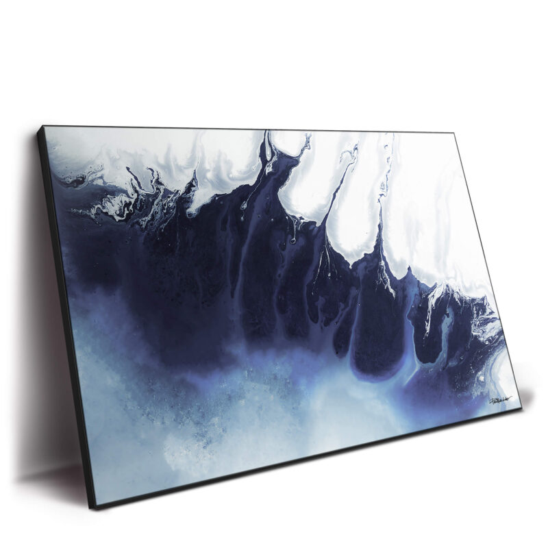 Abstract blue and white fluid art print with deep navy swirls and icy white accents, resembling ocean waves or a glacier.