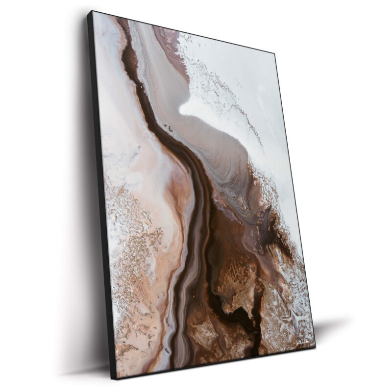 Abstract artwork featuring flowing earthy brown, copper, and white tones with organic textures.