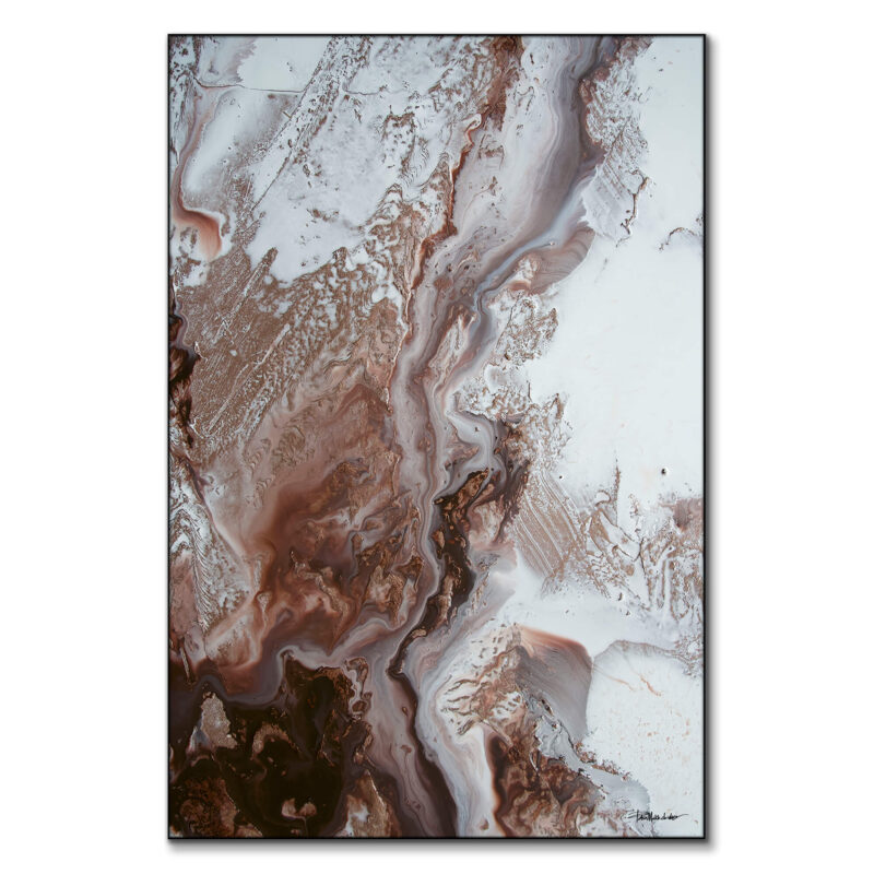 Abstract artwork with earthy brown, copper, and white tones flowing in organic patterns.