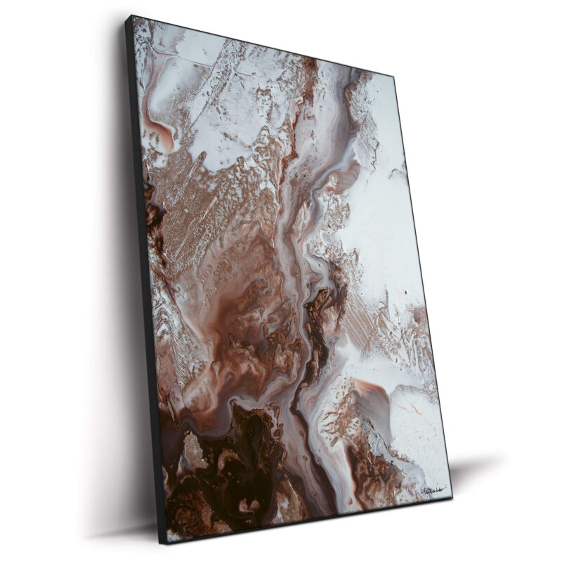 Abstract artwork with earthy brown, copper, and white tones flowing in organic patterns.