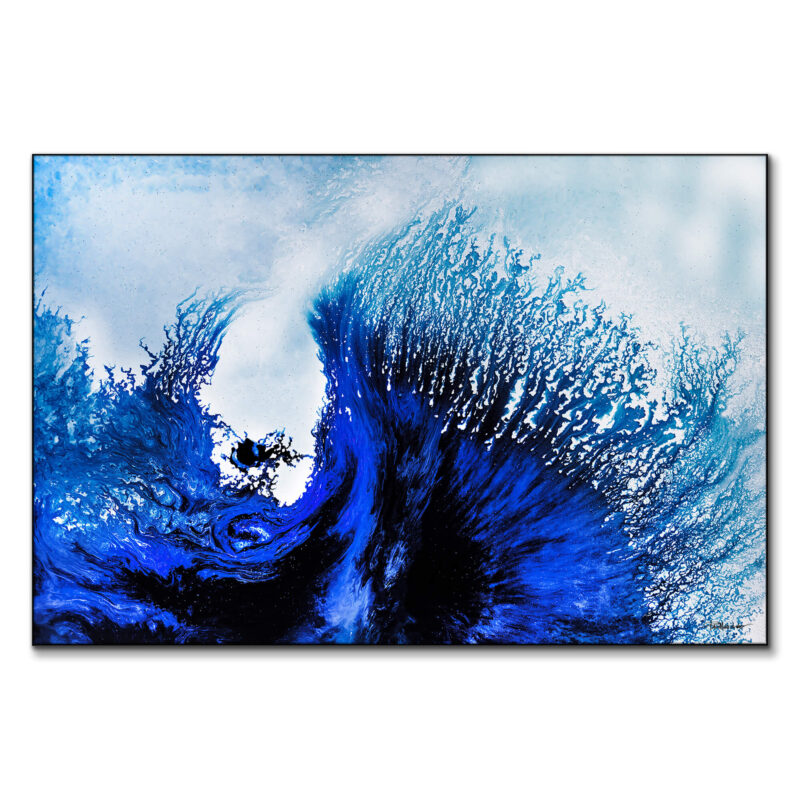 Abstract artwork featuring bold blue waves with dynamic motion against a soft, misty background.