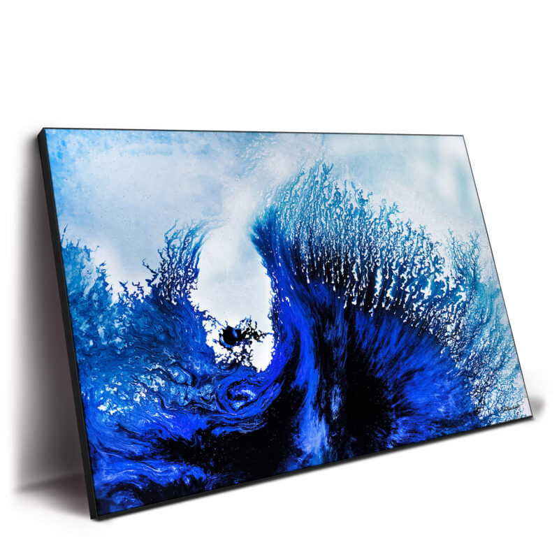 Abstract artwork featuring bold blue waves with dynamic motion against a soft, misty background.