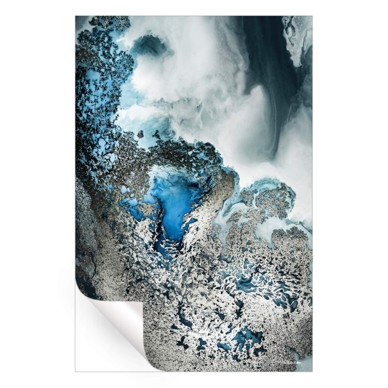 Abstract artwork featuring deep blue, silver, and black tones with intricate textures and fluid movement.