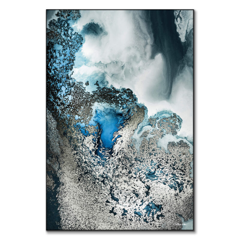 Abstract artwork featuring deep blue, silver, and black tones with intricate textures and fluid movement.