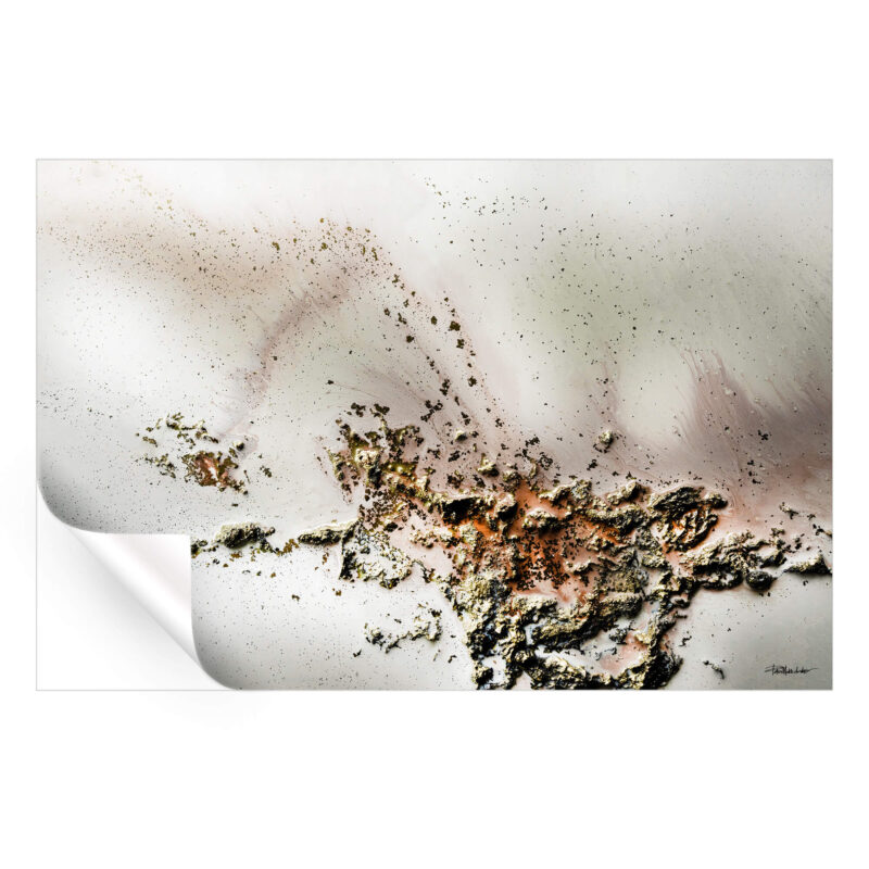 Abstract artwork with textured gold, bronze, and earthy tones against a soft, neutral background.