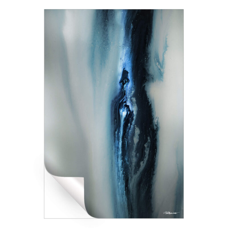Abstract artwork featuring fluid black and blue tones blending into a soft, misty background.