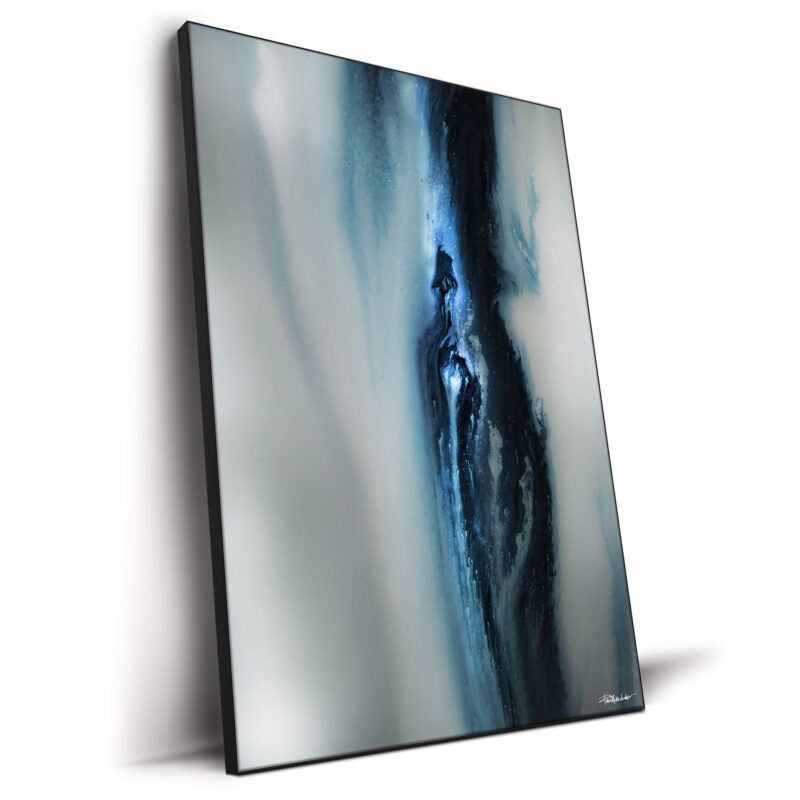 Abstract artwork featuring fluid black and blue tones blending into a soft, misty background.