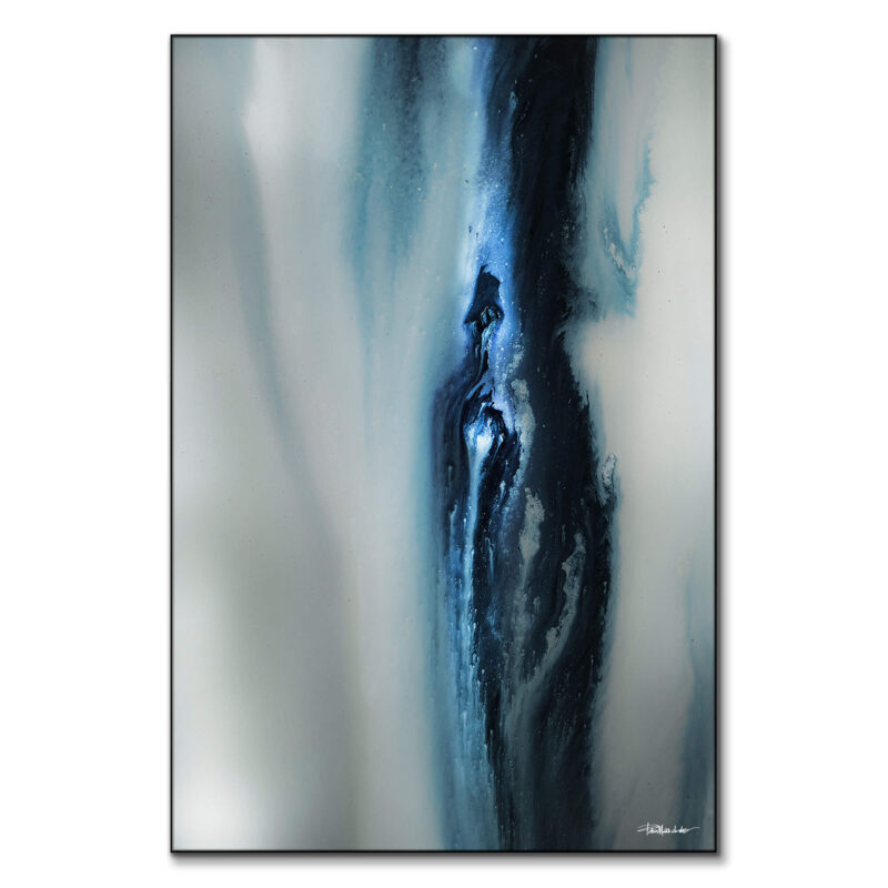 Abstract artwork featuring fluid black and blue tones blending into a soft, misty background.