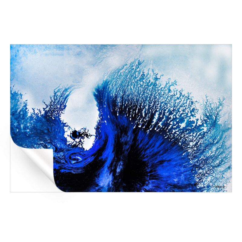 Abstract blue wave artwork with deep indigo and electric blue splashes against a light, misty background.