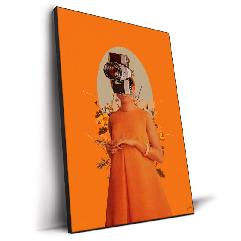 woman in orange dress camera surreal portrait