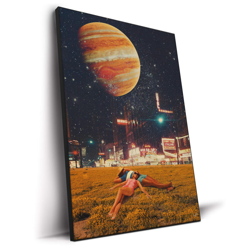 retro future collage city in space jupiter sky