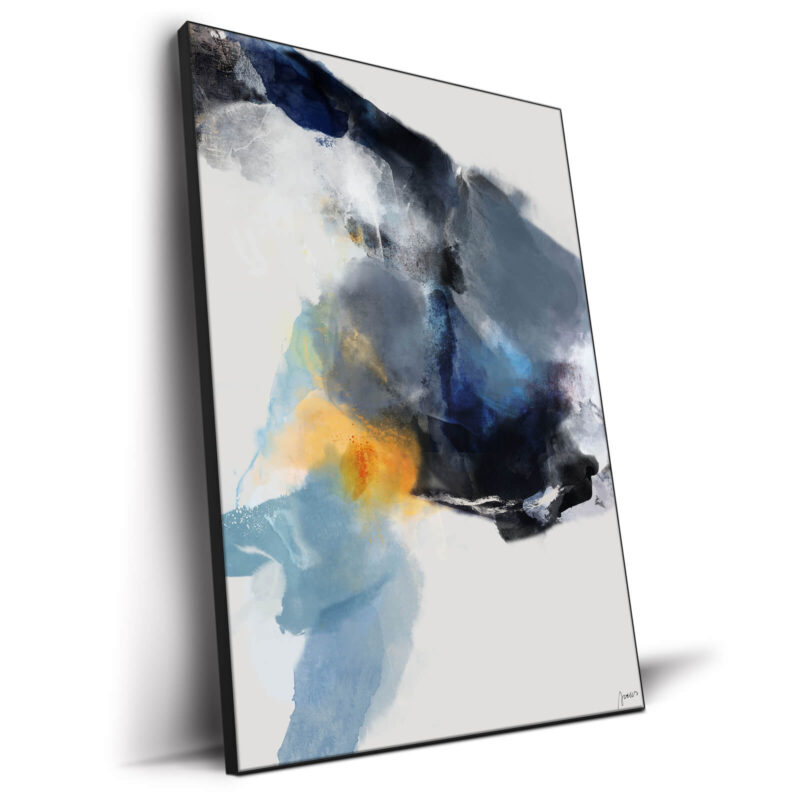 bold abstract shades of blue and yellow intertwine in this art print