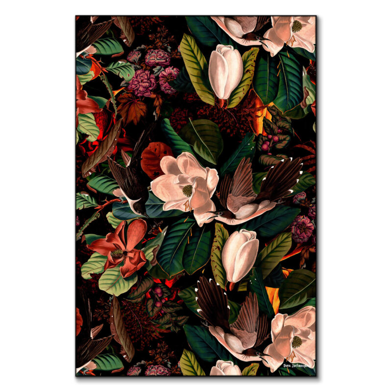 Floral And Birds XXI Dark Wall Art by Burcu Korkmazyurek